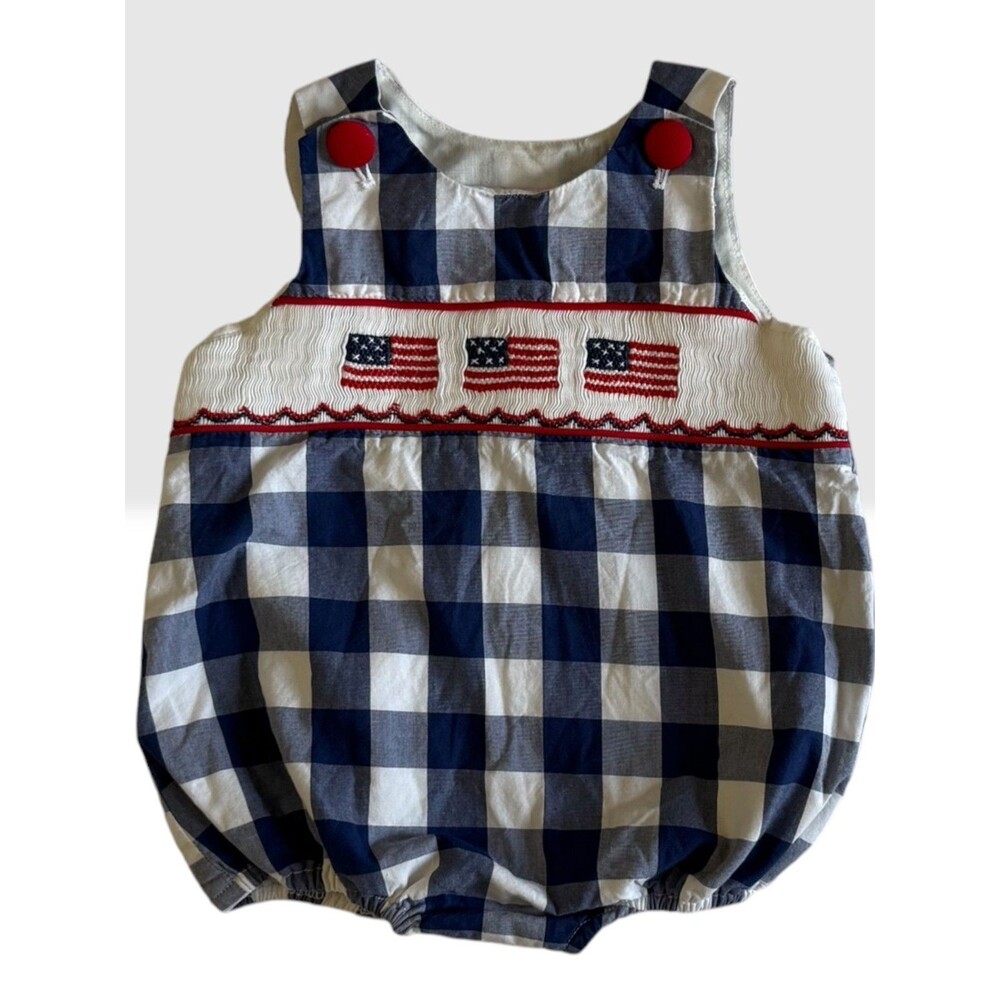 Poppy Kids 9M Patriotic Bubble Romper Smocked Gingham USA Flags